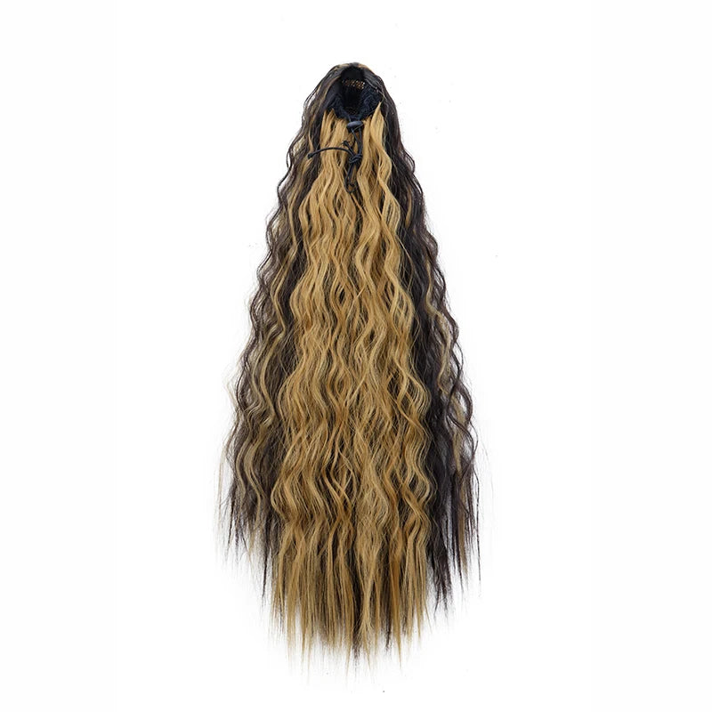 22Inch Synthetic Long Kinky Curly Ponytail Hair Extension Drawstring Wrapped Clip in Hair Black Hairpiecefor Women