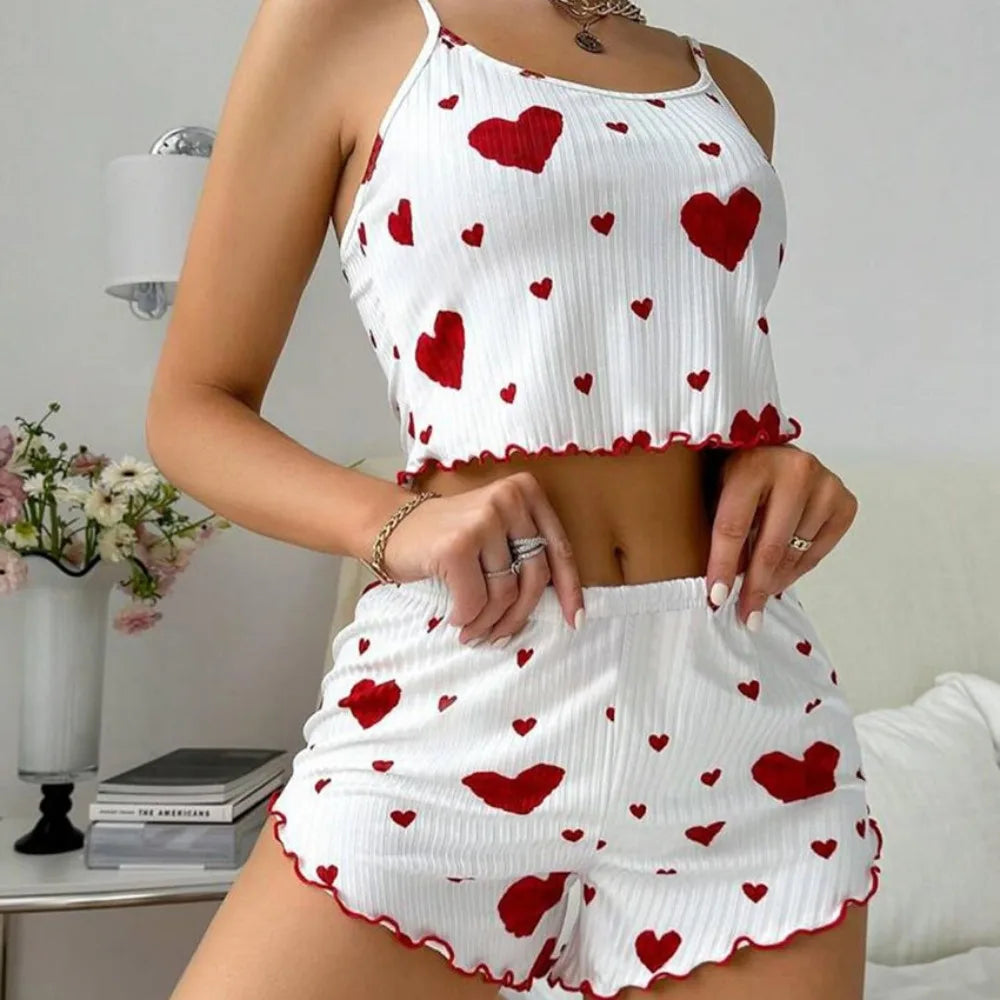 Fashion Summer Thin Pajamas Homewear Set Solid Color Leisure Suit Polyester Sling Pajamas Female
