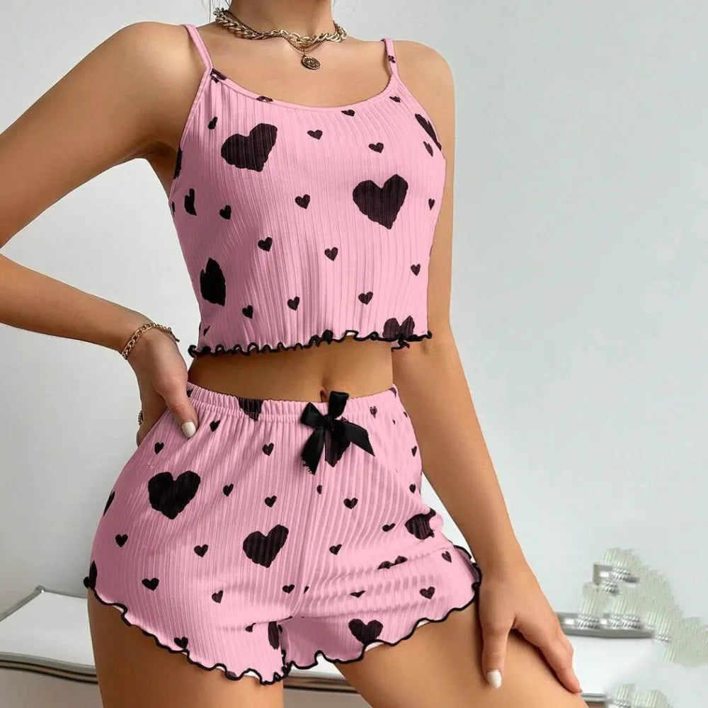Fashion Summer Thin Pajamas Homewear Set Solid Color Leisure Suit Polyester Sling Pajamas Female