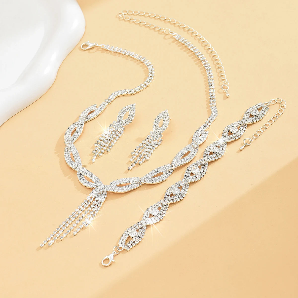 4PC Women's Fashion Copper Claw Chain Hollow Tassel Necklace Earrings Bracelet Jewelry Set Wedding Banquet Party Festival Gift