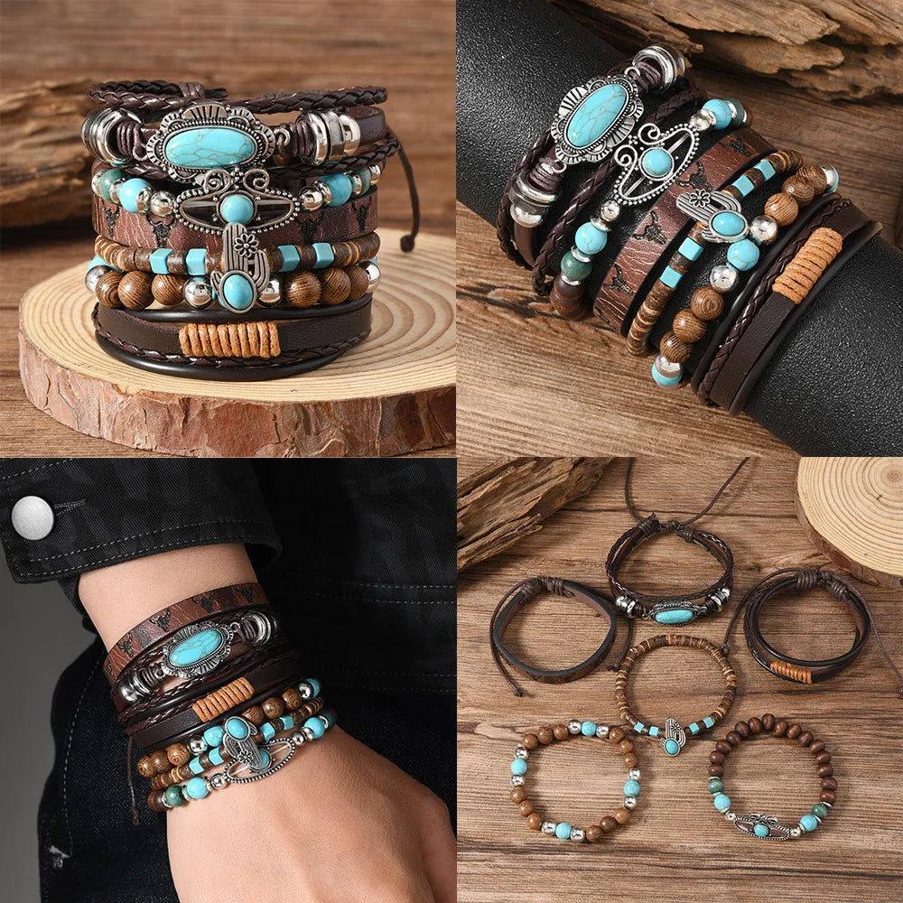 Fashion Retro 6-piece Set Men's Style Cactus Turquoise Leather Wooden Beads Multi-layer Stamping Rope Accessories