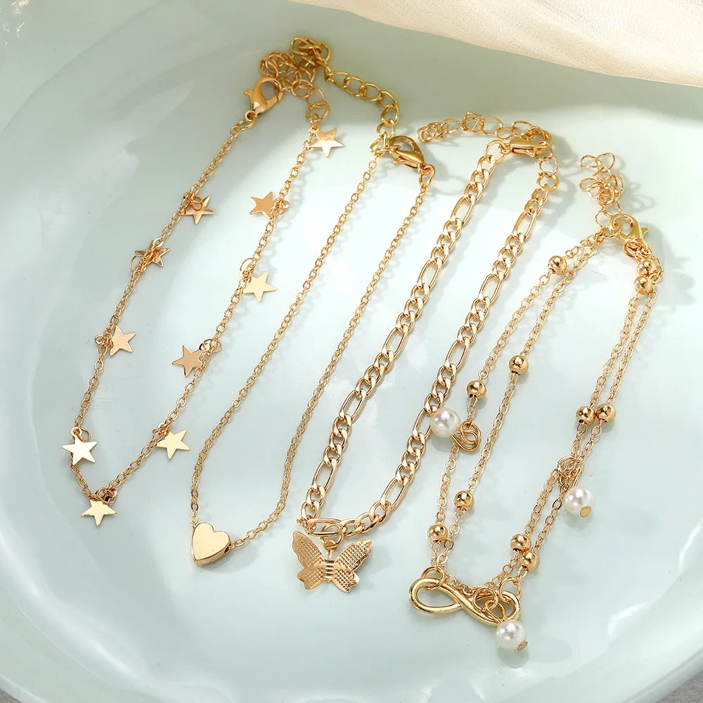 Gold Color Vintage Butterfly Anklet Set For Women Multilayers Adjustable Love Bracelet On Leg Foot Beach Jewelry