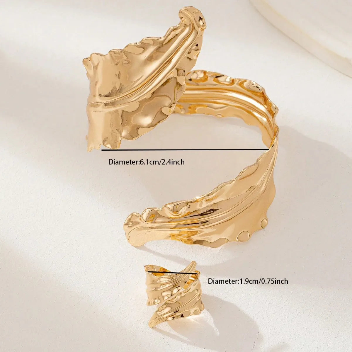 Vintage Fashion Pleated Leaf Bracelet Spiral Opening Adjustable Ring Set For Women Girls Gold Color Bangle Party Holiday Jewelry