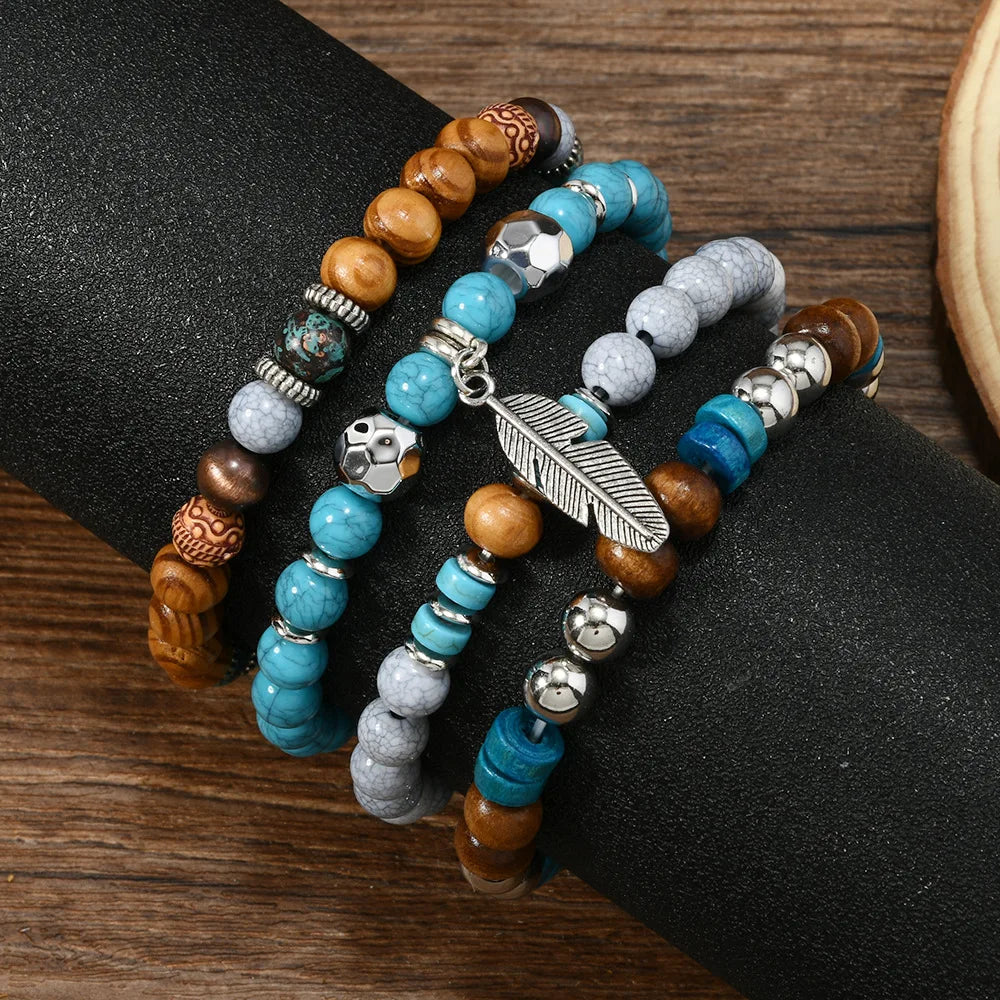 Bohemia Vintage Multi Layer Beaded Bracelets For Men Turquoise Ethnic Nature Stone Leaves Beaded Bracelets Gifts For Friend