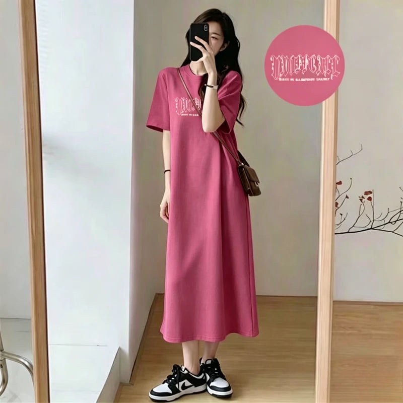 Summer Women Oversized Casual Long Dress Gothic Graphic Print Short Sleeve Side Split Maxi T Shirt Dress