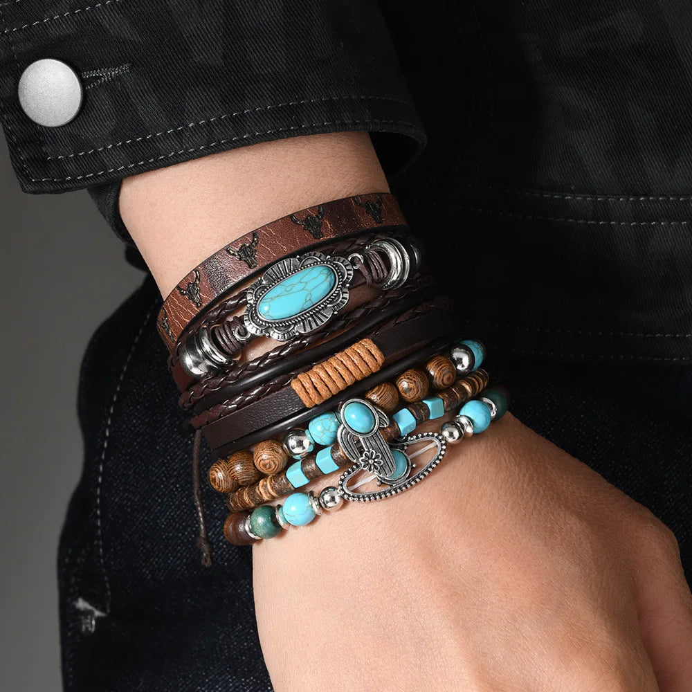 Fashion Retro 6-piece Set Men's Style Cactus Turquoise Leather Wooden Beads Multi-layer Stamping Rope Accessories