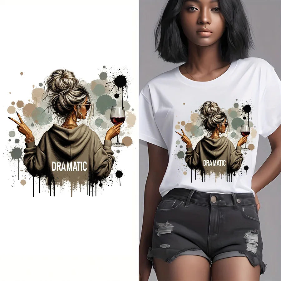 Trendy Vintage Retro Woman DRAMATIC Iron-On Heat Transfer Stickers Decals for T-shirts Sweatshirts Bags Clothing Fabric Decor