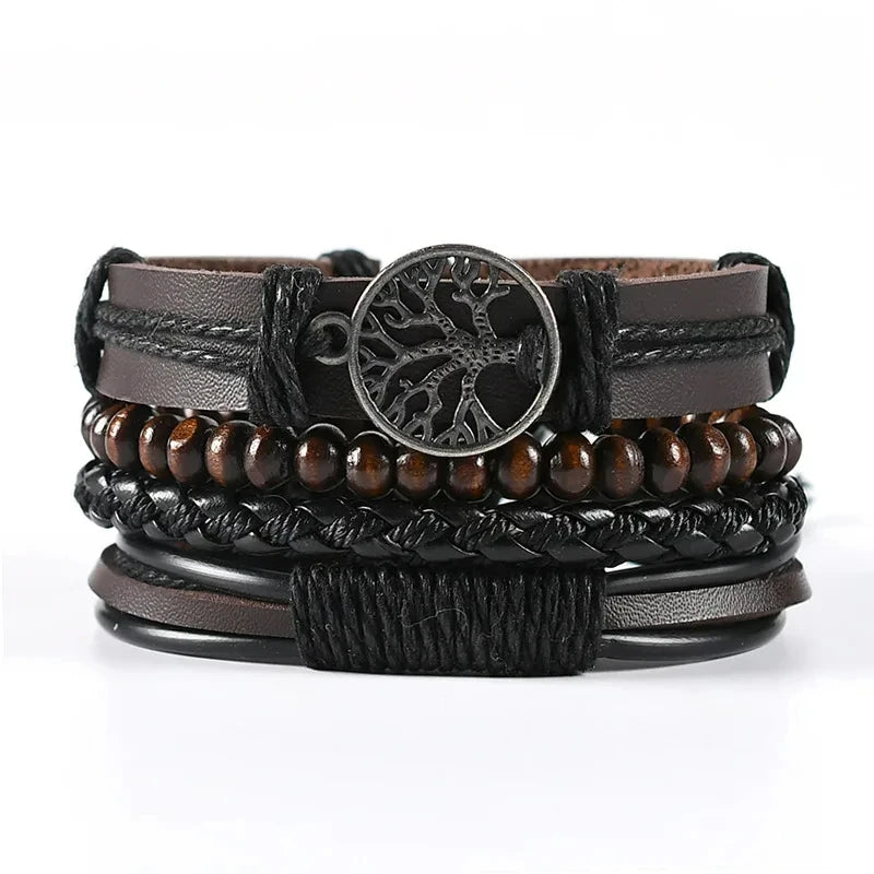 Vintage Cross Multi-Layer Beaded Wooden Beads Men's Bracelet Multi-Piece Set Bracelet