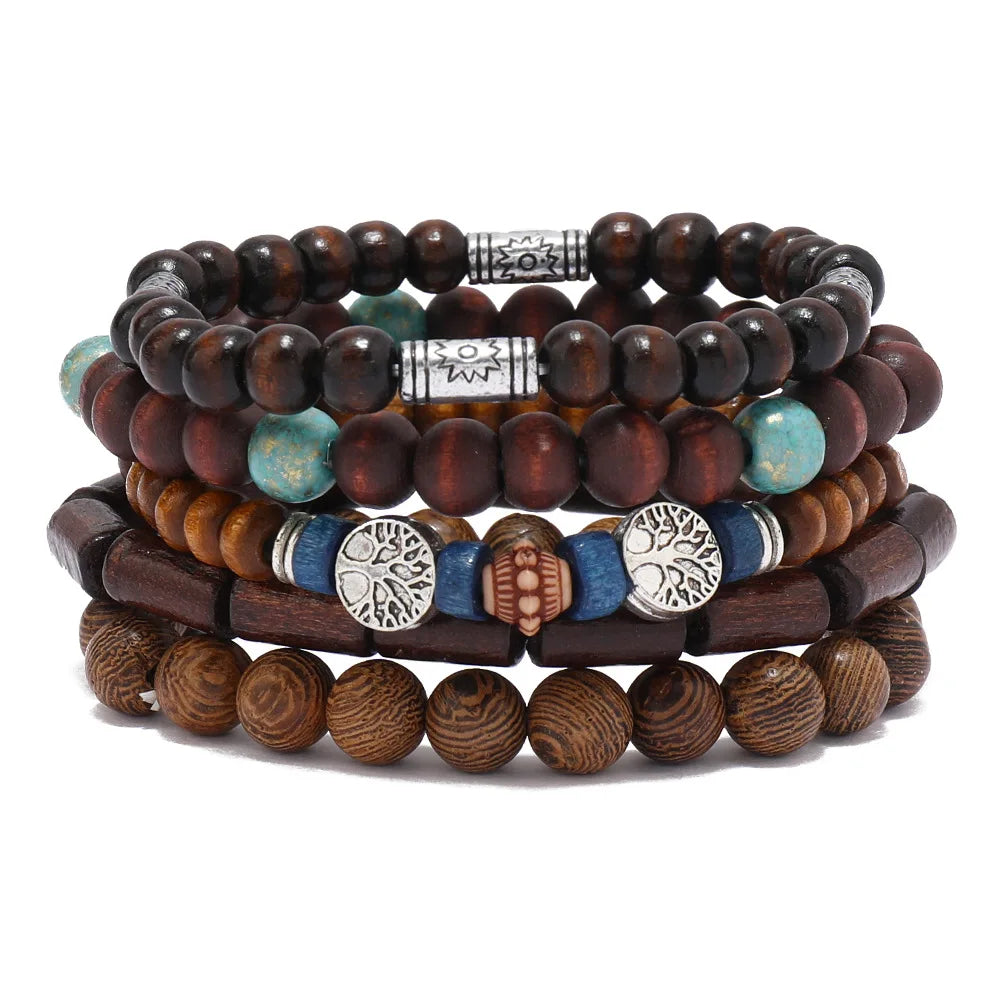 Vintage Cross Multi-Layer Beaded Wooden Beads Men's Bracelet Multi-Piece Set Bracelet