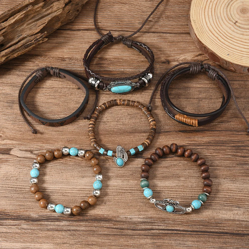 Fashion Retro 6-piece Set Men's Style Cactus Turquoise Leather Wooden Beads Multi-layer Stamping Rope Accessories