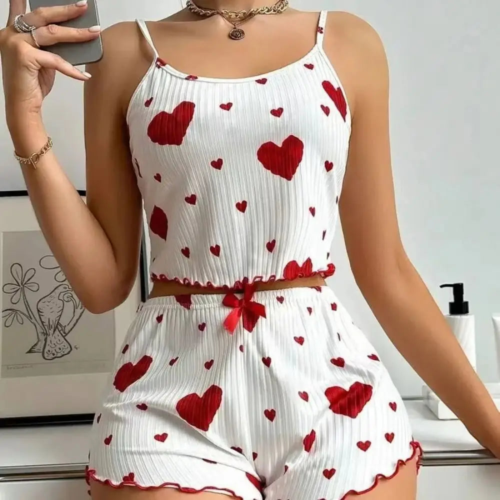 Fashion Summer Thin Pajamas Homewear Set Solid Color Leisure Suit Polyester Sling Pajamas Female