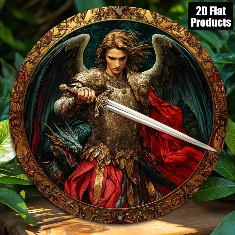 Handcrafted Archangel Michael tin Sign: 'Protect Us' Blessing–Spiritual Decor for Kitchens, Cafes, Living Rooms&Prayer Spaces