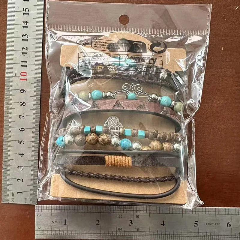 Fashion Retro 6-piece Set Men's Style Cactus Turquoise Leather Wooden Beads Multi-layer Stamping Rope Accessories