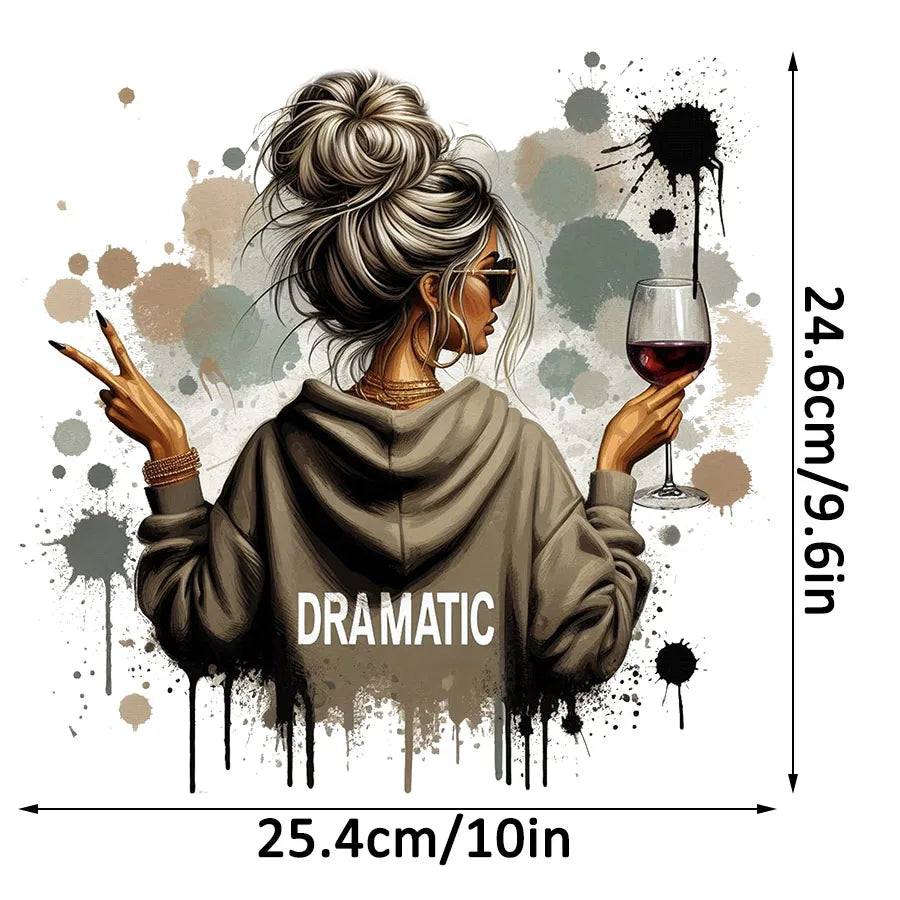 Trendy Vintage Retro Woman DRAMATIC Iron-On Heat Transfer Stickers Decals for T-shirts Sweatshirts Bags Clothing Fabric Decor