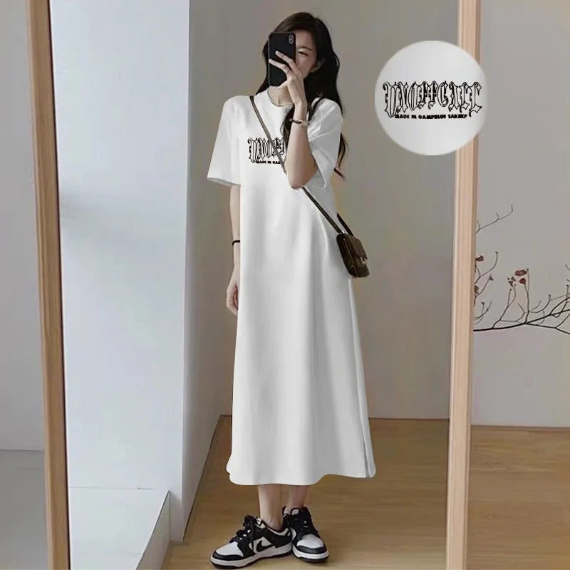 Summer Women Oversized Casual Long Dress Gothic Graphic Print Short Sleeve Side Split Maxi T Shirt Dress