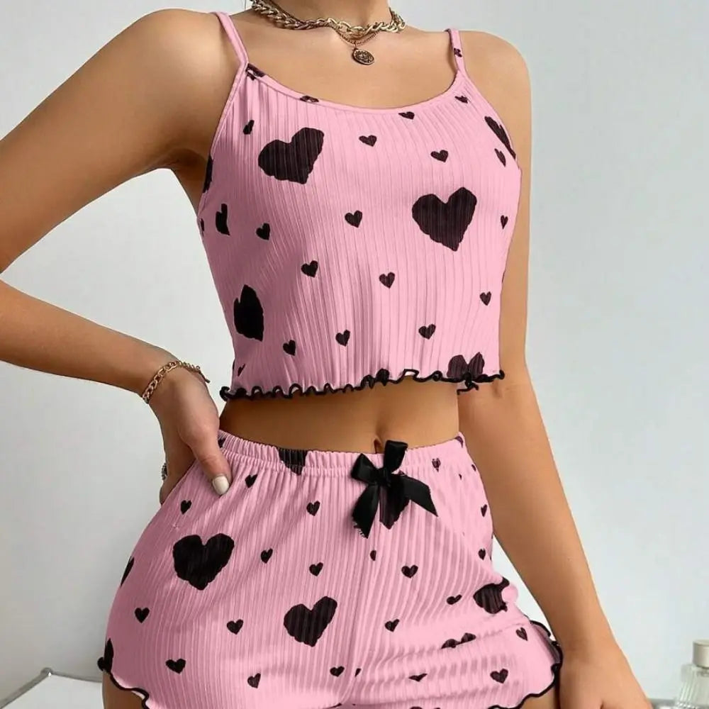 Fashion Summer Thin Pajamas Homewear Set Solid Color Leisure Suit Polyester Sling Pajamas Female