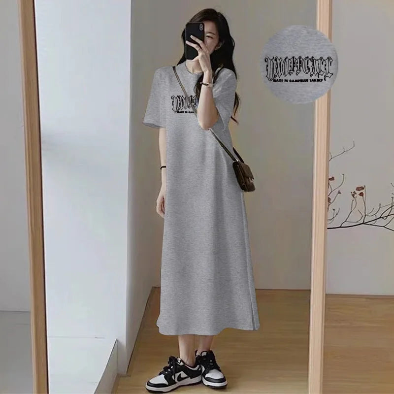 Summer Women Oversized Casual Long Dress Gothic Graphic Print Short Sleeve Side Split Maxi T Shirt Dress