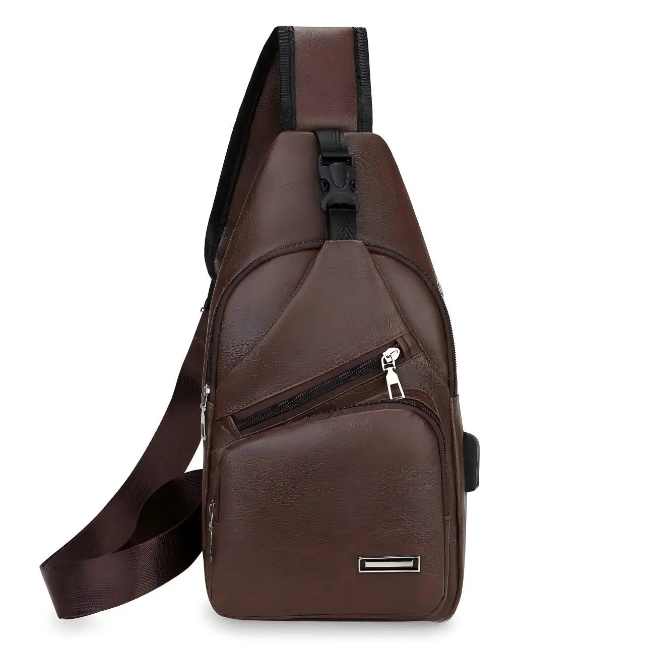 Homefish Simple and Fashionable Casual Solid Color PU Multifunctional USB Charging Zipper Chest Bag Crossbody Bag for Commuting