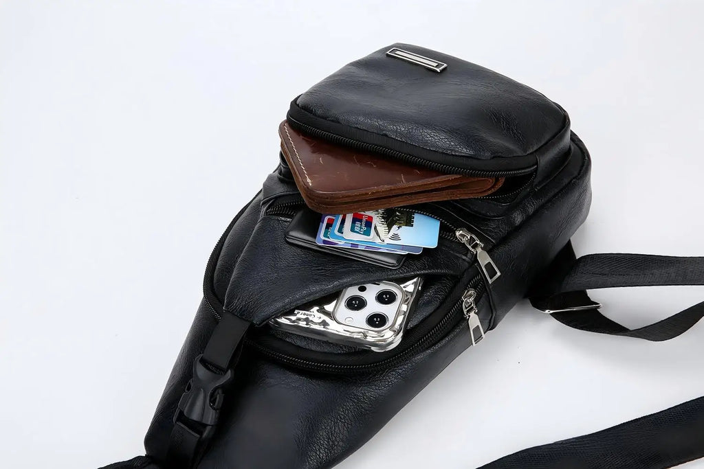Homefish Simple and Fashionable Casual Solid Color PU Multifunctional USB Charging Zipper Chest Bag Crossbody Bag for Commuting