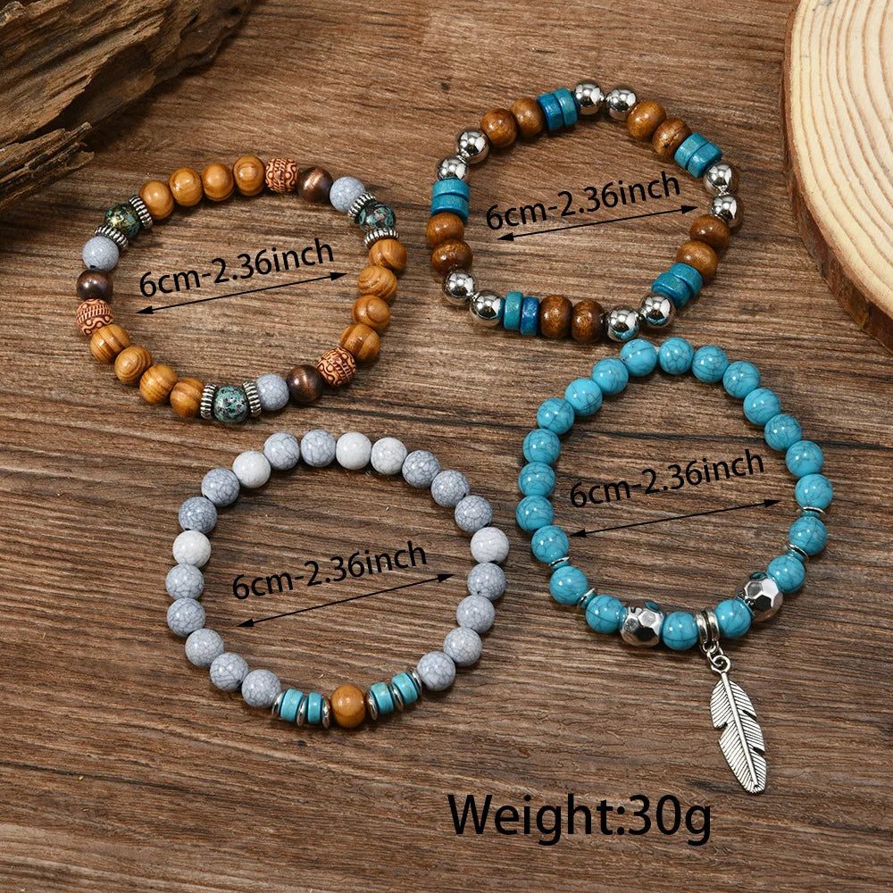 Bohemia Vintage Multi Layer Beaded Bracelets For Men Turquoise Ethnic Nature Stone Leaves Beaded Bracelets Gifts For Friend