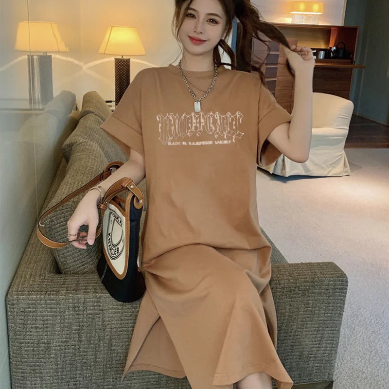 Summer Women Oversized Casual Long Dress Gothic Graphic Print Short Sleeve Side Split Maxi T Shirt Dress