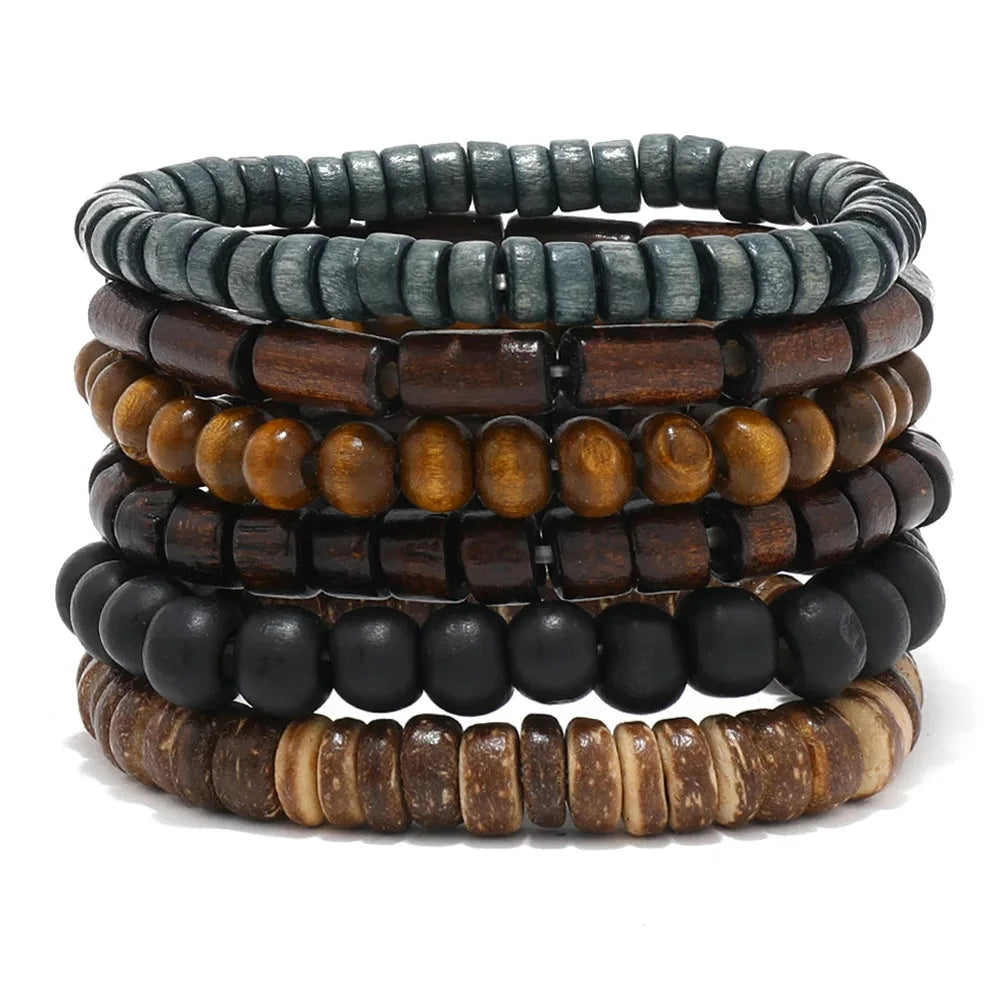 Vintage Cross Multi-Layer Beaded Wooden Beads Men's Bracelet Multi-Piece Set Bracelet