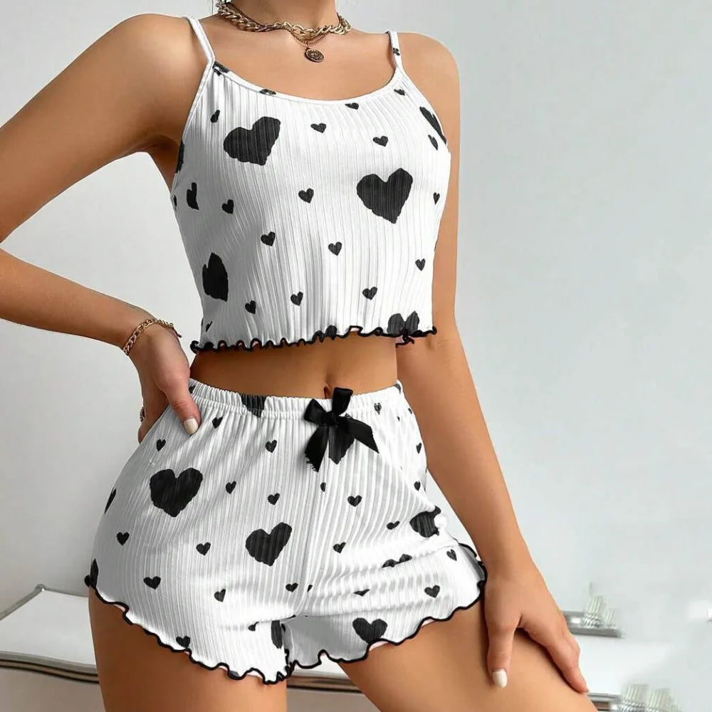 Fashion Summer Thin Pajamas Homewear Set Solid Color Leisure Suit Polyester Sling Pajamas Female