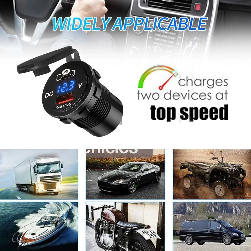 1SET 60W PD QC3.0 Car Charger Socket with Voltage Meter Quick Charge 3.0 Socket Power Outlet for 12V/24V Motorcycle Truck Boat