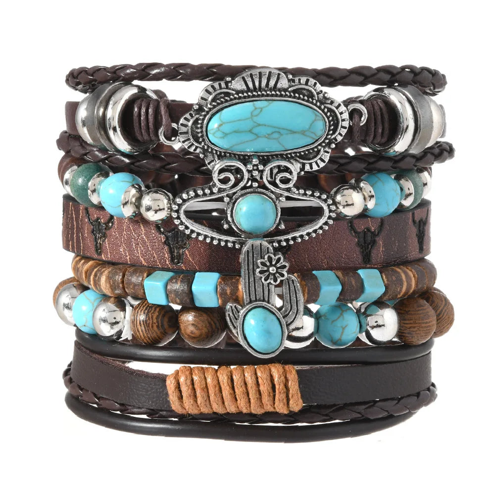 Fashion Retro 6-piece Set Men's Style Cactus Turquoise Leather Wooden Beads Multi-layer Stamping Rope Accessories