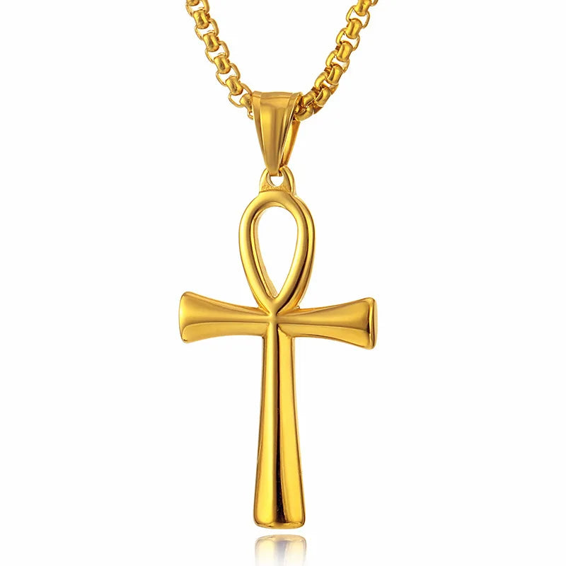 Stainless Steel Egyptian Ankh Necklace For Men Women Cross Pendant Chain Fashion Waterproof Jewelry Accessories