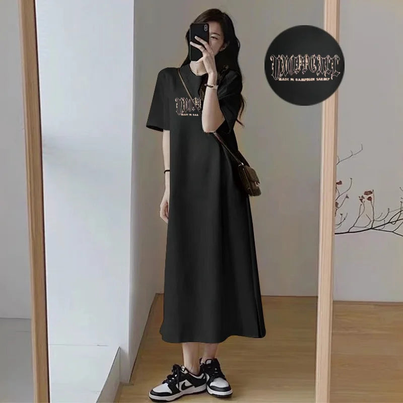 Summer Women Oversized Casual Long Dress Gothic Graphic Print Short Sleeve Side Split Maxi T Shirt Dress