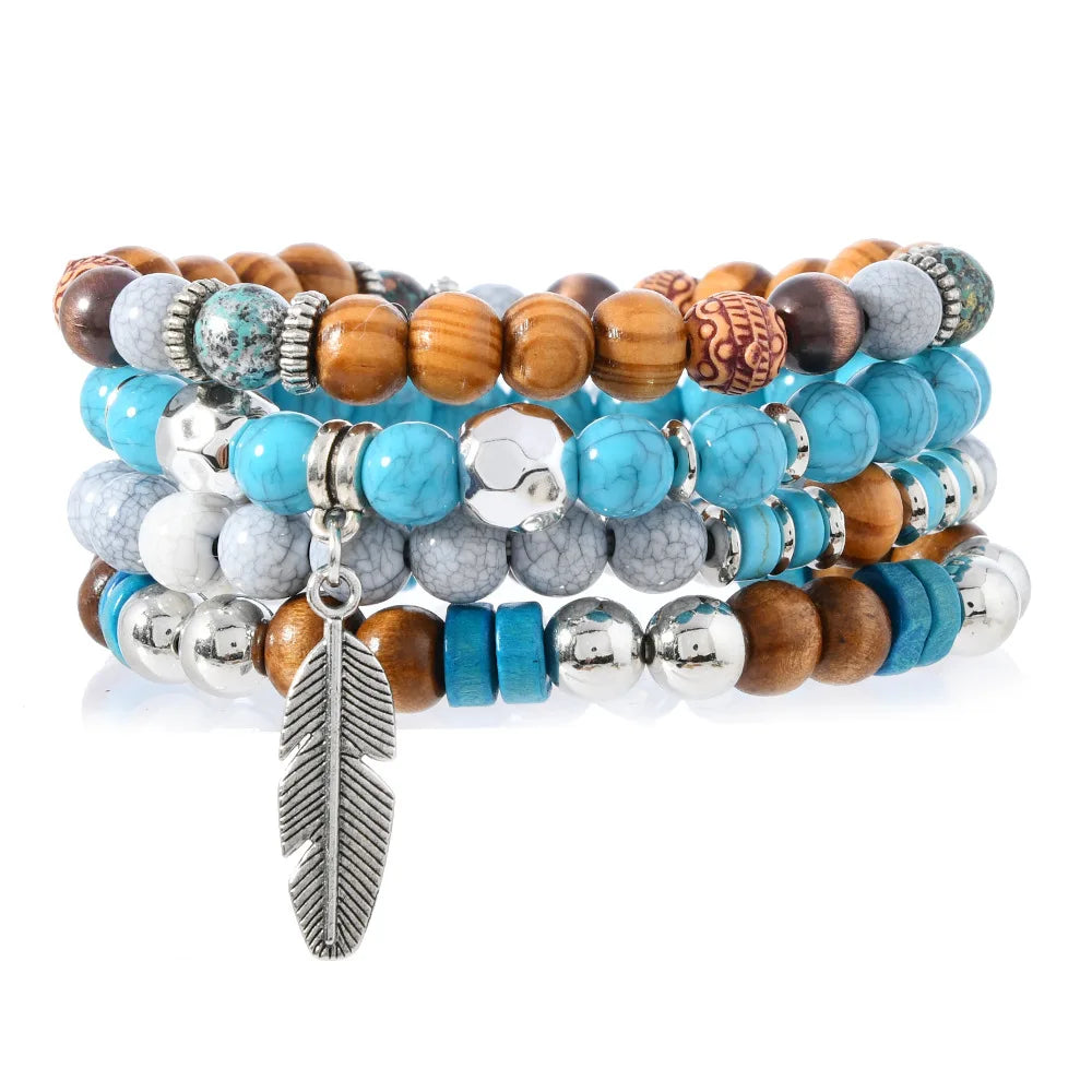 Bohemia Vintage Multi Layer Beaded Bracelets For Men Turquoise Ethnic Nature Stone Leaves Beaded Bracelets Gifts For Friend