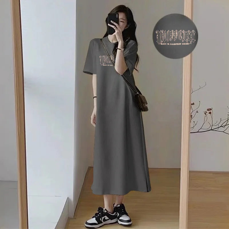 Summer Women Oversized Casual Long Dress Gothic Graphic Print Short Sleeve Side Split Maxi T Shirt Dress