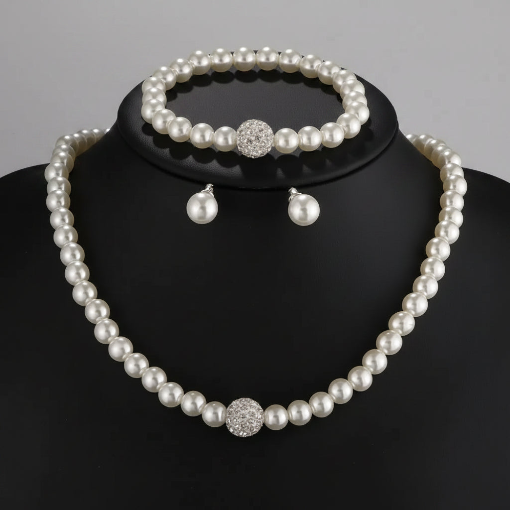 3 PCS Imitation Pearl Fireball Necklace Bracelet Earring Stud Jewelry Set Silver Color Crystal Stone Elegant Bridal Jewelry Gift