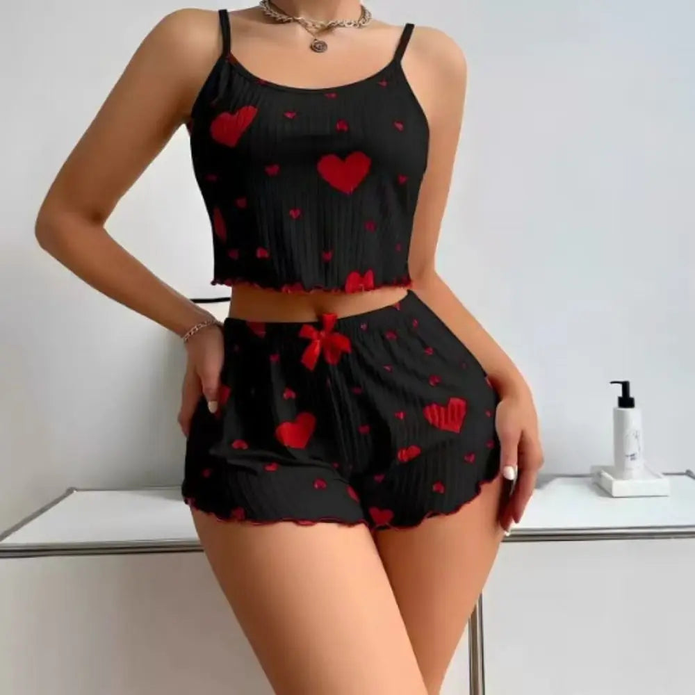 Fashion Summer Thin Pajamas Homewear Set Solid Color Leisure Suit Polyester Sling Pajamas Female