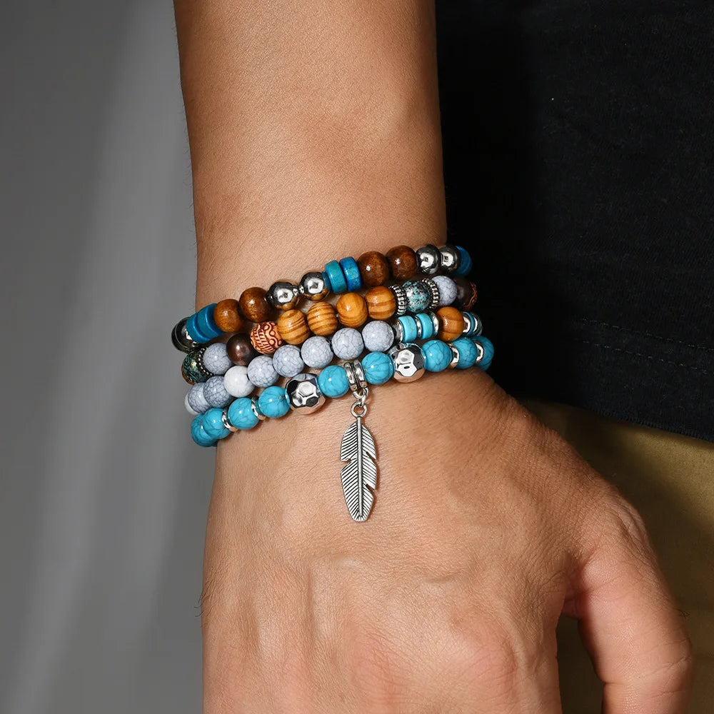 Bohemia Vintage Multi Layer Beaded Bracelets For Men Turquoise Ethnic Nature Stone Leaves Beaded Bracelets Gifts For Friend