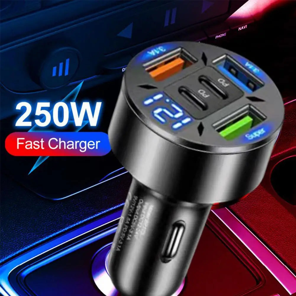 250W 5-in-1 PD QC3.0 Car Charger Fast Charging USB C for IPhone Samsung Galaxy IPad Pro Multi-Port Cigarette Lighter Adapter