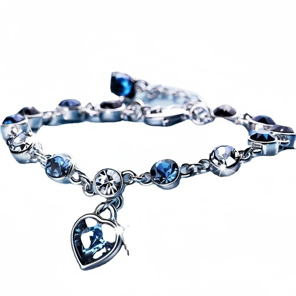 Women Silver Color Lucky Bracelet Female Blue Crystal Heart Charm Pulseras Bracelet Bridal Wedding Engagement Fine Jewelry Gift