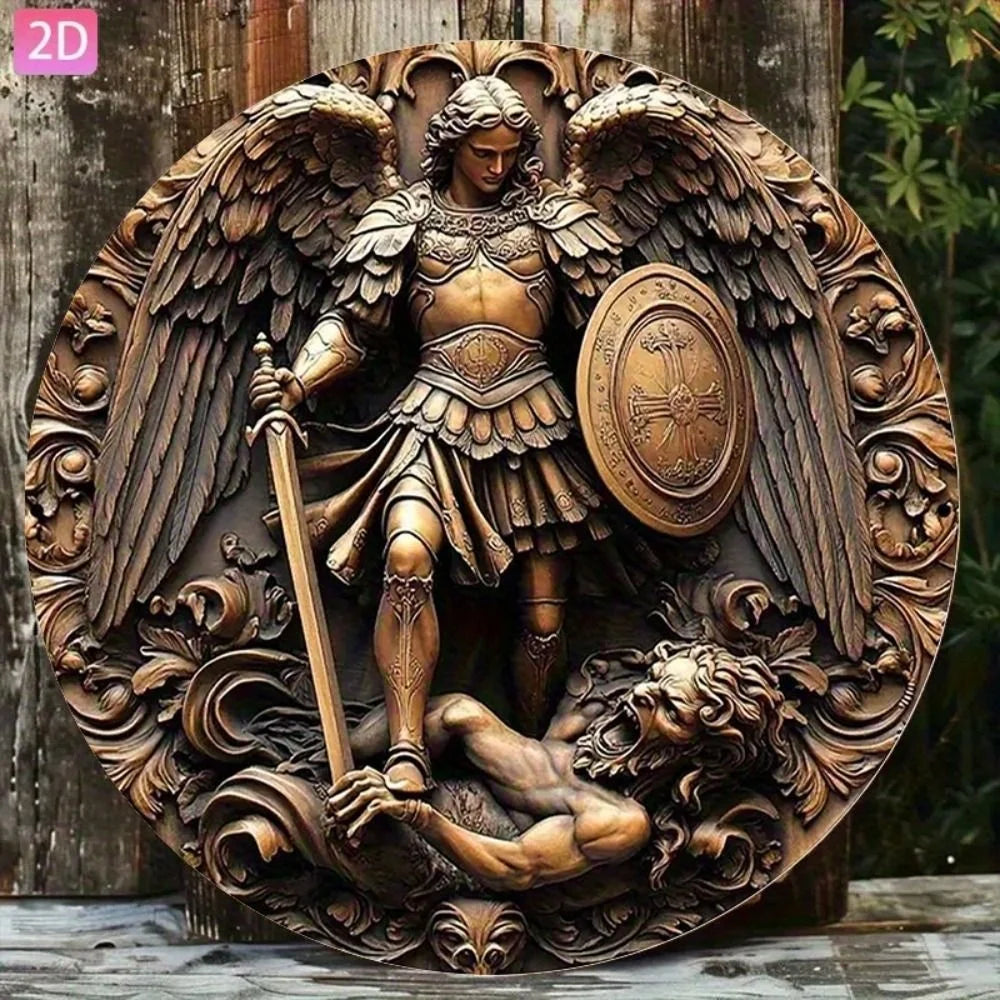 Handcrafted Archangel Michael tin Sign: 'Protect Us' Blessing–Spiritual Decor for Kitchens, Cafes, Living Rooms&Prayer Spaces