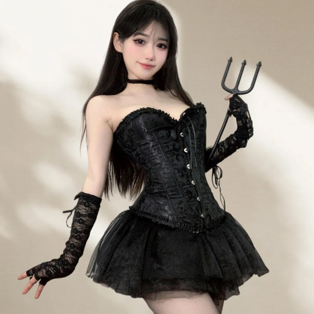 New Ballet Swan Pure Desire Waist Vest Corset Sexy Slimming Lace Corset with Puff Skirt Uniform Set Female Cosplay Uniform