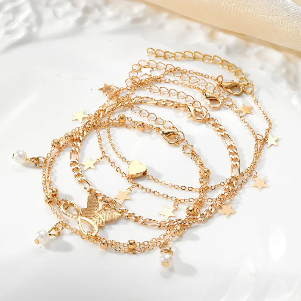 Gold Color Vintage Butterfly Anklet Set For Women Multilayers Adjustable Love Bracelet On Leg Foot Beach Jewelry