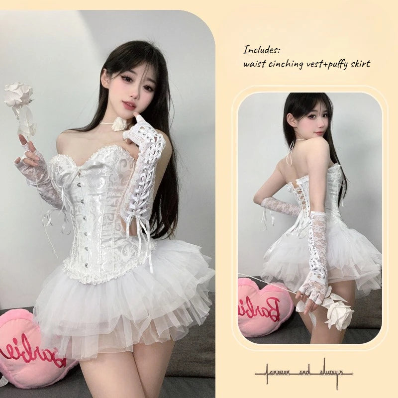 New Ballet Swan Pure Desire Waist Vest Corset Sexy Slimming Lace Corset with Puff Skirt Uniform Set Female Cosplay Uniform