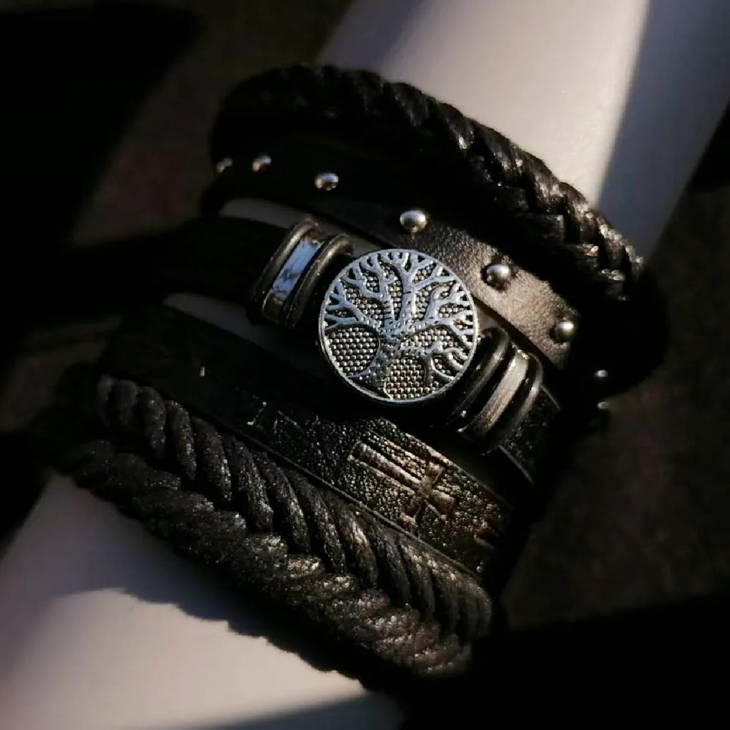 Punk Casual Bead6 Pc/set Tree Black Khaki Handmade Men Bracelets Male Women Leather Bracelets Men Bangle Wholesale Jewelry Gift