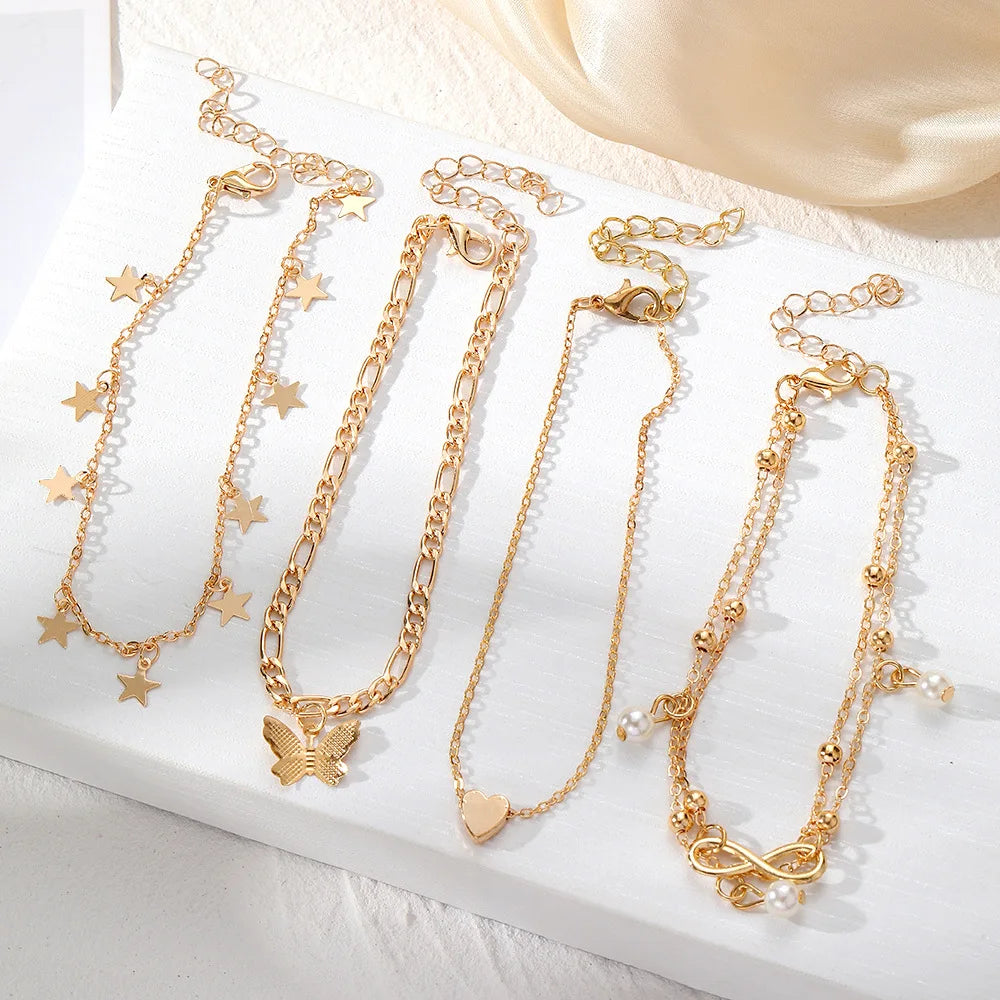 Gold Color Vintage Butterfly Anklet Set For Women Multilayers Adjustable Love Bracelet On Leg Foot Beach Jewelry